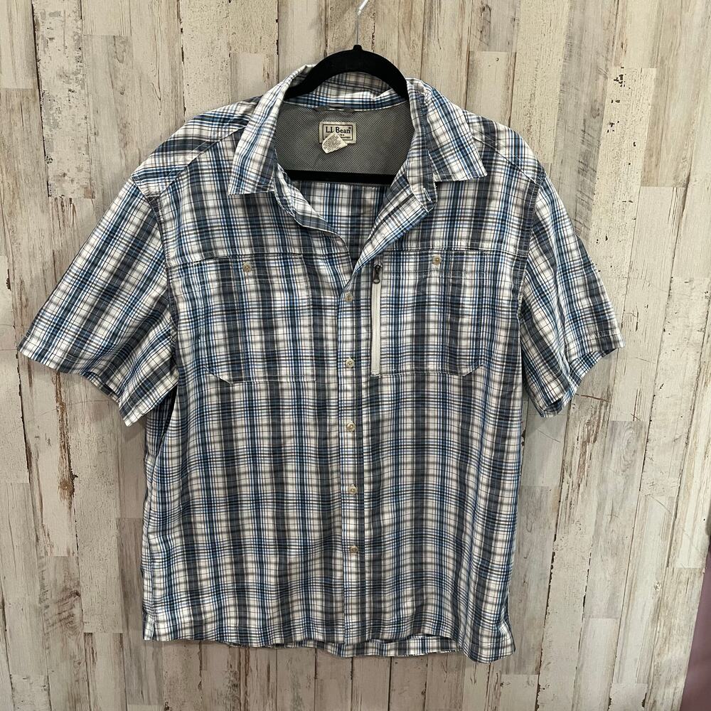 LL Bean Blue Plaid Button Front Short Sleeve Performance‎ Shirt Men’s Size Large